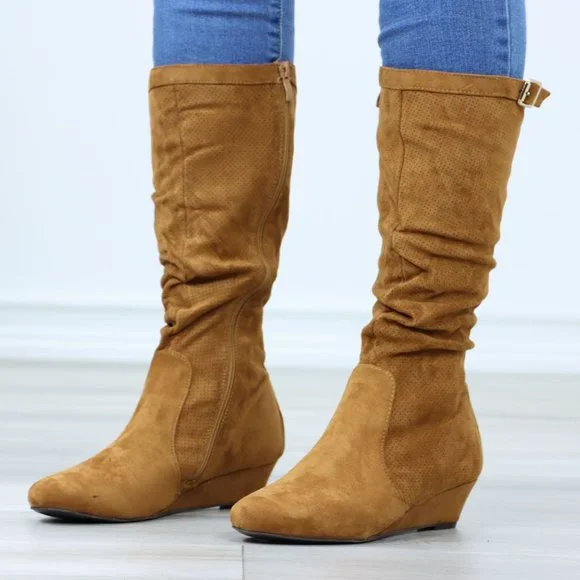 Tan Faux Suede Round Toe Low Kitten Wedge Heel Mid Calf Boots - Picture 12 of 12